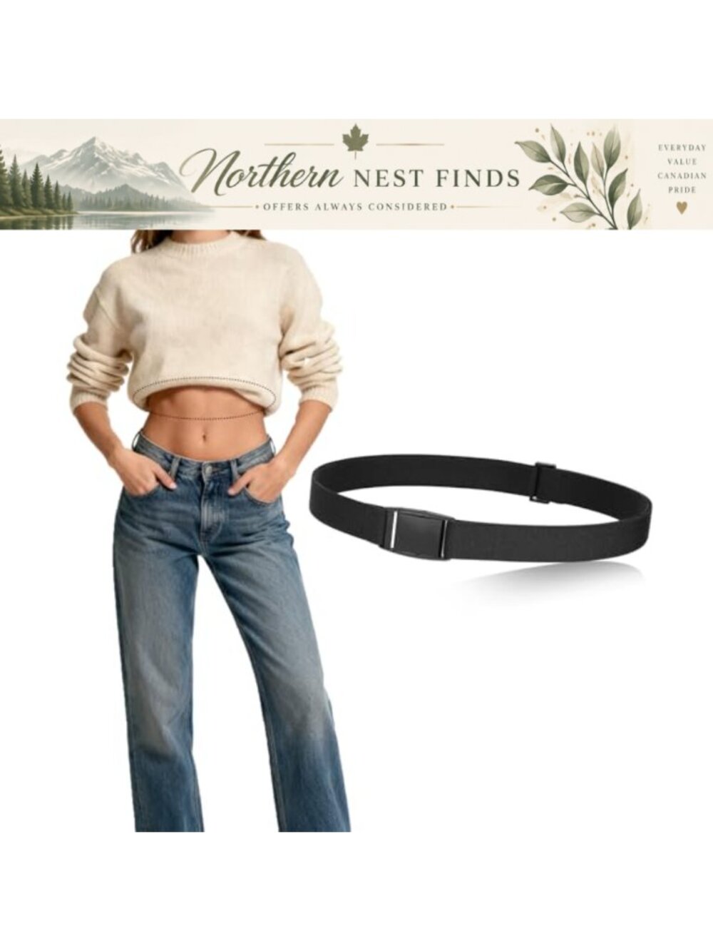 No Show Crop Top Tuck Stretch Belt Invisible Elastic Web Strap Flat Buckle